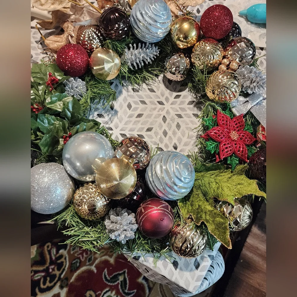 Festive Holiday Wreath with Red, Gold, and Silver Accents